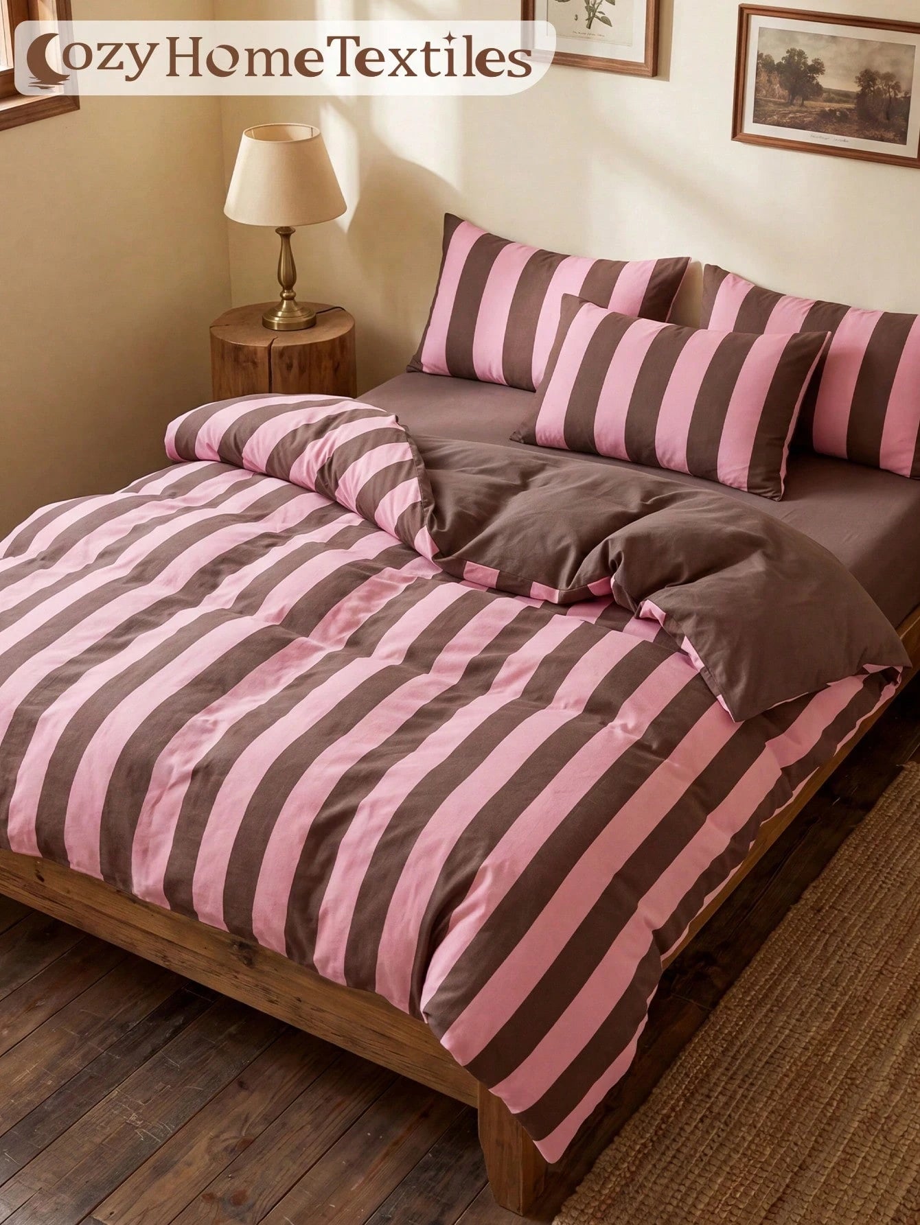 2/3pcs Pink & Brown Stripe Pattern Duvet Cover Set, Bedding Set, Cozy & Breathable, Lightweight, Anti-Pilling, Machine Washable, Room Decor, Bedroom Decor, Dorm Bedding, For All Seasons, Fits Double T