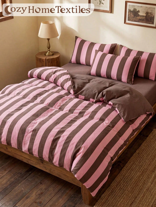 2/3pcs Pink & Brown Stripe Pattern Duvet Cover Set, Bedding Set, Cozy & Breathable, Lightweight, Anti-Pilling, Machine Washable, Room Decor, Bedroom Decor, Dorm Bedding, For All Seasons, Fits Double T