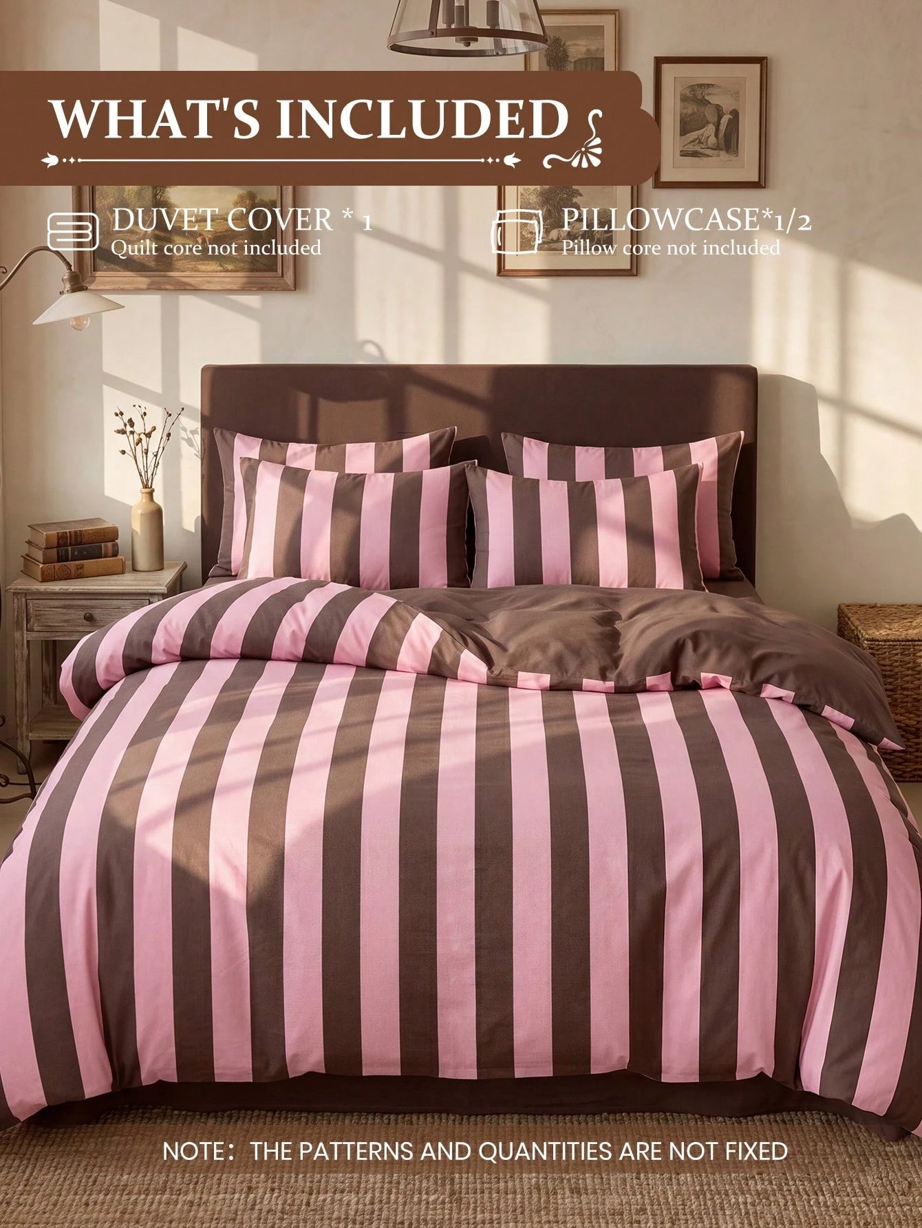 2/3pcs Pink & Brown Stripe Pattern Duvet Cover Set, Bedding Set, Cozy & Breathable, Lightweight, Anti-Pilling, Machine Washable, Room Decor, Bedroom Decor, Dorm Bedding, For All Seasons, Fits Double T