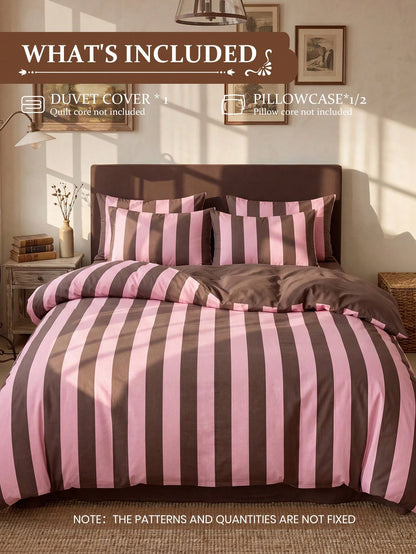 2/3pcs Pink & Brown Stripe Pattern Duvet Cover Set, Bedding Set, Cozy & Breathable, Lightweight, Anti-Pilling, Machine Washable, Room Decor, Bedroom Decor, Dorm Bedding, For All Seasons, Fits Double T