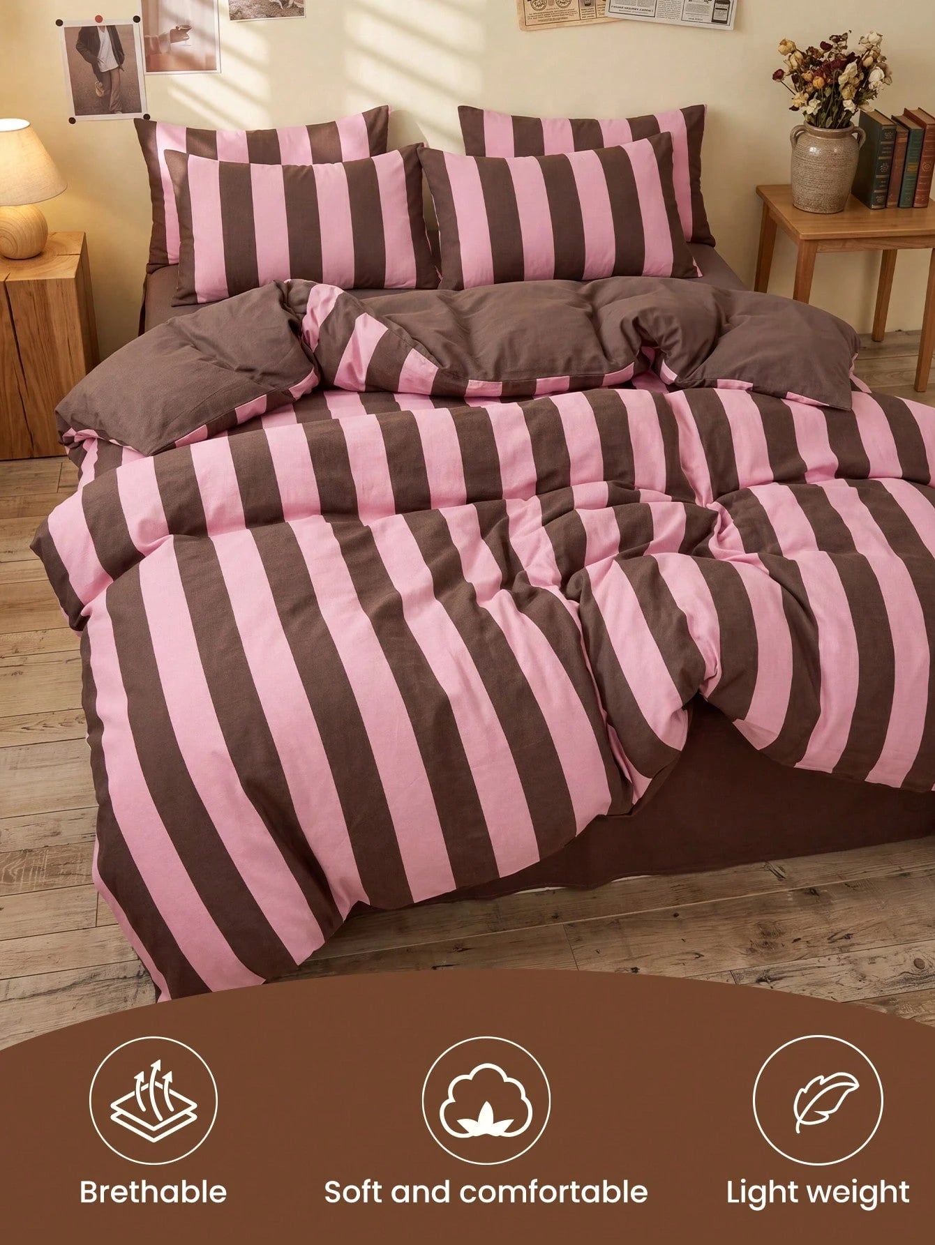 2/3pcs Pink & Brown Stripe Pattern Duvet Cover Set, Bedding Set, Cozy & Breathable, Lightweight, Anti-Pilling, Machine Washable, Room Decor, Bedroom Decor, Dorm Bedding, For All Seasons, Fits Double T