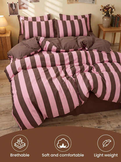2/3pcs Pink & Brown Stripe Pattern Duvet Cover Set, Bedding Set, Cozy & Breathable, Lightweight, Anti-Pilling, Machine Washable, Room Decor, Bedroom Decor, Dorm Bedding, For All Seasons, Fits Double T