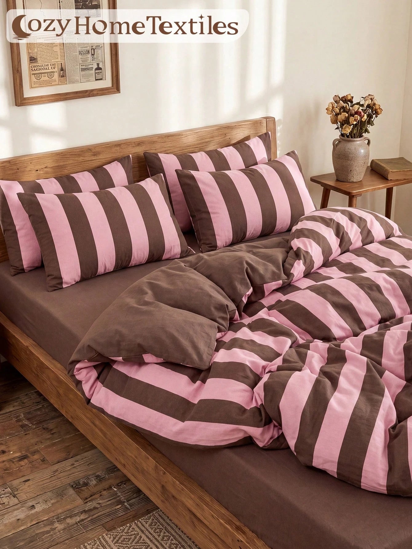 2/3pcs Pink & Brown Stripe Pattern Duvet Cover Set, Bedding Set, Cozy & Breathable, Lightweight, Anti-Pilling, Machine Washable, Room Decor, Bedroom Decor, Dorm Bedding, For All Seasons, Fits Double T