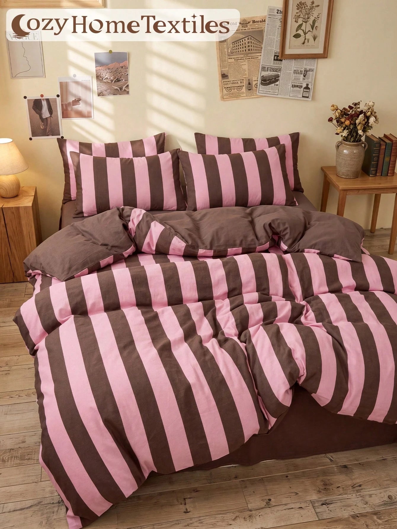 2/3pcs Pink & Brown Stripe Pattern Duvet Cover Set, Bedding Set, Cozy & Breathable, Lightweight, Anti-Pilling, Machine Washable, Room Decor, Bedroom Decor, Dorm Bedding, For All Seasons, Fits Double T