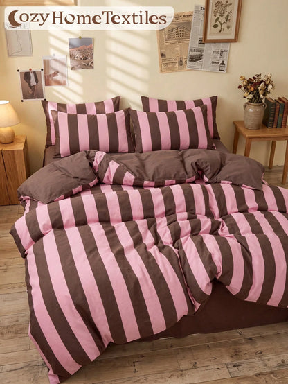 2/3pcs Pink & Brown Stripe Pattern Duvet Cover Set, Bedding Set, Cozy & Breathable, Lightweight, Anti-Pilling, Machine Washable, Room Decor, Bedroom Decor, Dorm Bedding, For All Seasons, Fits Double T