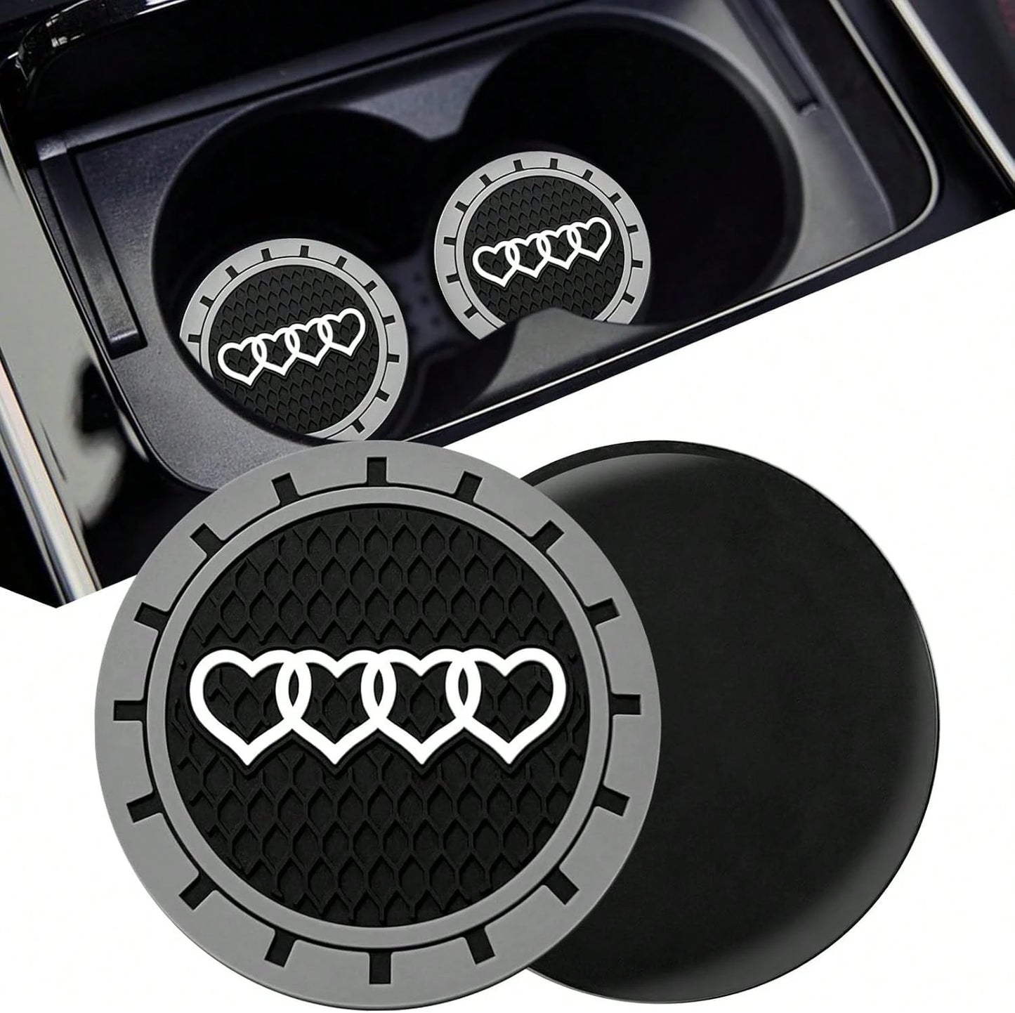 2.75in 2Pack- Love Heart Car Cup Holder Coaster For Audi A3 A4 A6 A8 Q2 Q3 Q5 Q7 Q8 S3 S5 S6 RS3 RS4 RS7 R8 TT Recessed Anti Slip Silicone Cupholder Coaster Interior Accessories