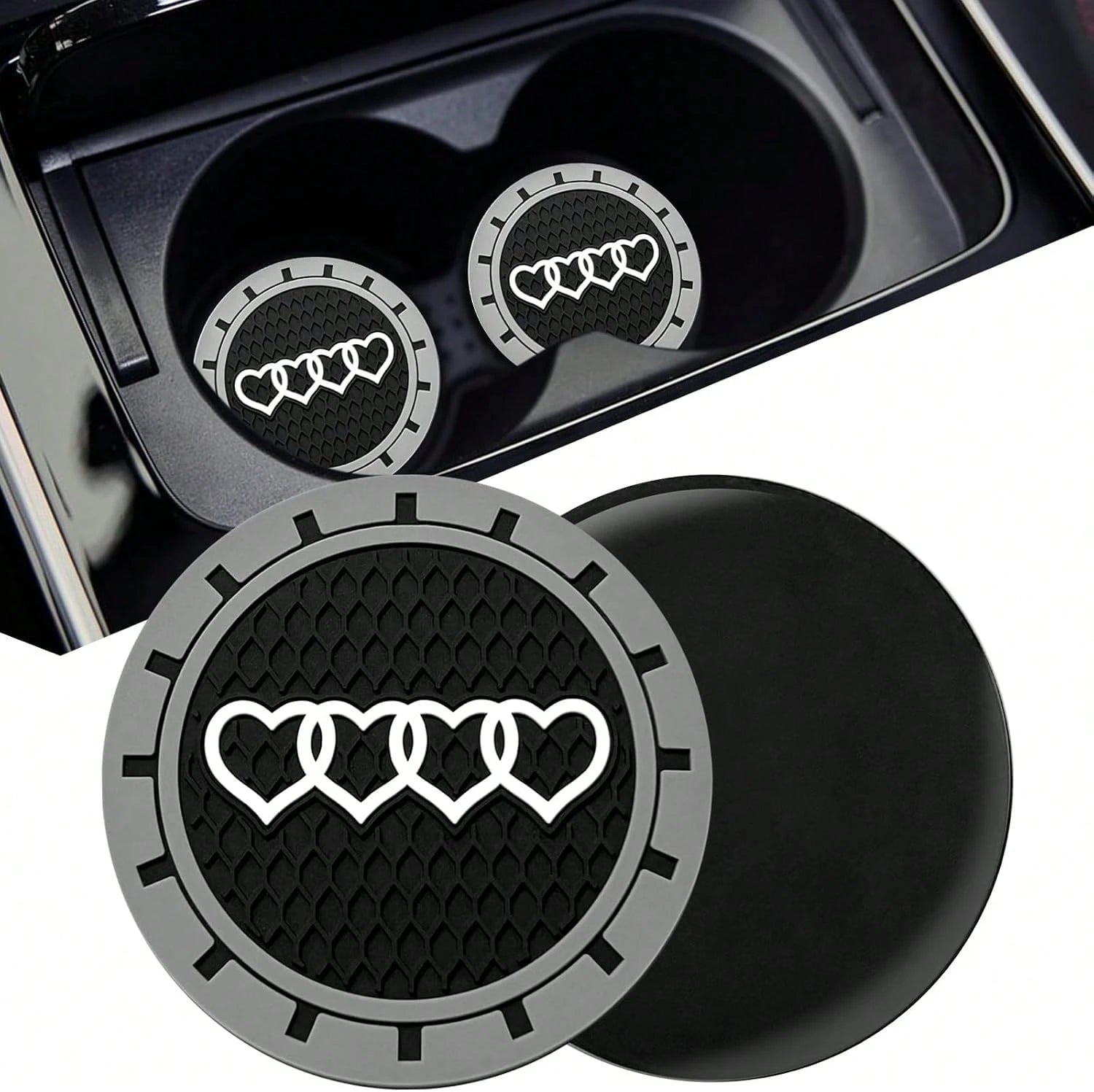 2.75in 2Pack- Love Heart Car Cup Holder Coaster For Audi A3 A4 A6 A8 Q2 Q3 Q5 Q7 Q8 S3 S5 S6 RS3 RS4 RS7 R8 TT Recessed Anti Slip Silicone Cupholder Coaster Interior Accessories