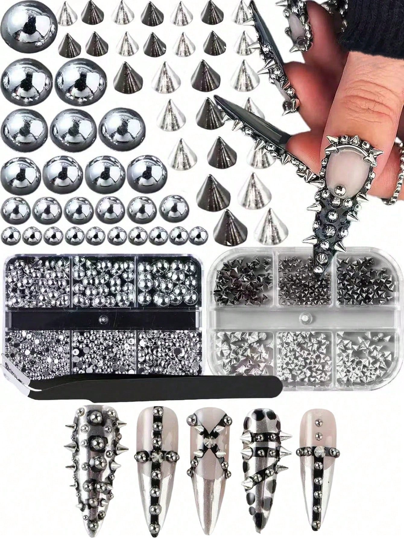 2 Boxes Y2K Punk Metal Rivet Nail Art Decorations Mixed Sizes Black Silver Gold 3D Fashion Alloy Pointed Nail Studs Nail Art Supplies Nail Gems Nail Charms