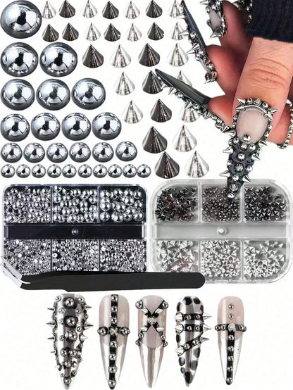 2 Boxes Y2K Punk Metal Rivet Nail Art Decorations Mixed Sizes Black Silver Gold 3D Fashion Alloy Pointed Nail Studs Nail Art Supplies Nail Gems Nail Charms