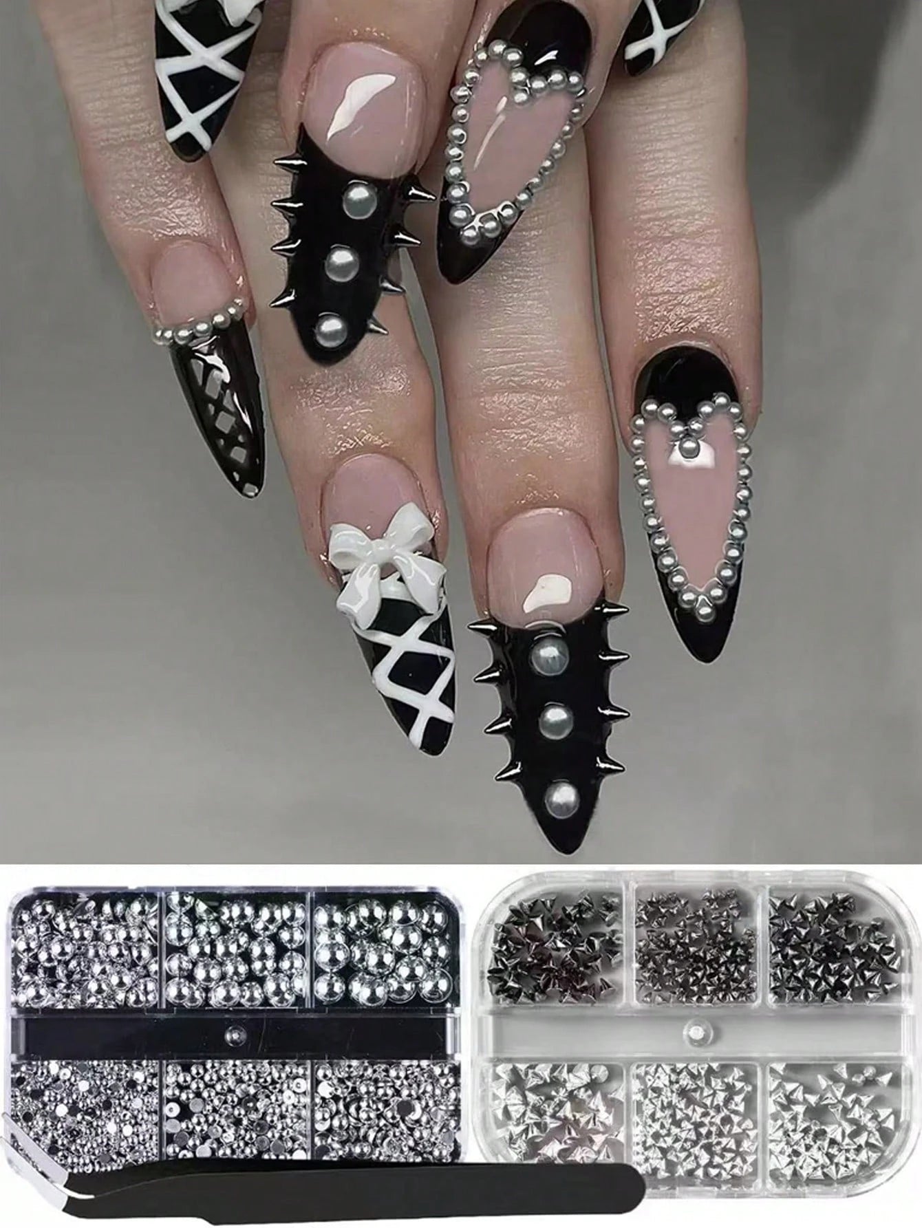 2 Boxes Y2K Punk Metal Rivet Nail Art Decorations Mixed Sizes Black Silver Gold 3D Fashion Alloy Pointed Nail Studs Nail Art Supplies Nail Gems Nail Charms