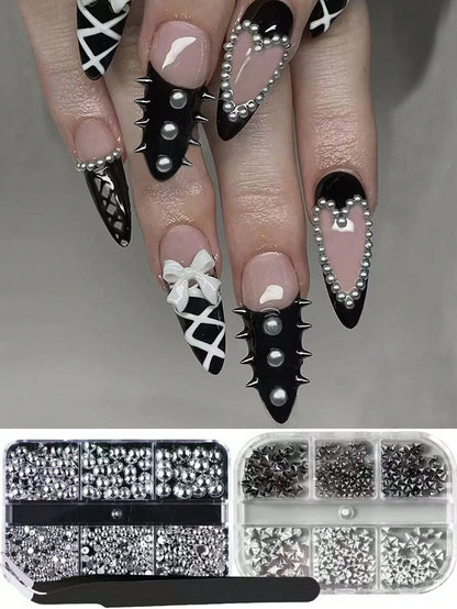 2 Boxes Y2K Punk Metal Rivet Nail Art Decorations Mixed Sizes Black Silver Gold 3D Fashion Alloy Pointed Nail Studs Nail Art Supplies Nail Gems Nail Charms