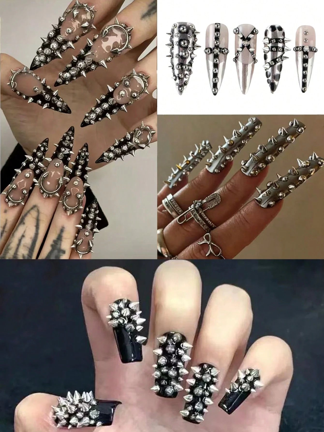2 Boxes Y2K Punk Metal Rivet Nail Art Decorations Mixed Sizes Black Silver Gold 3D Fashion Alloy Pointed Nail Studs Nail Art Supplies Nail Gems Nail Charms