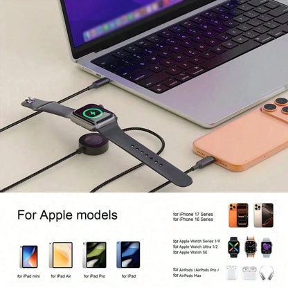 2-In-1 Braided Multi-Charging Cable, Type-C Fast Charging Cable With Built-In Magnetic Watch Charger, Compatible With IPhone 15-17 And Galaxy S21 To S26 Phones