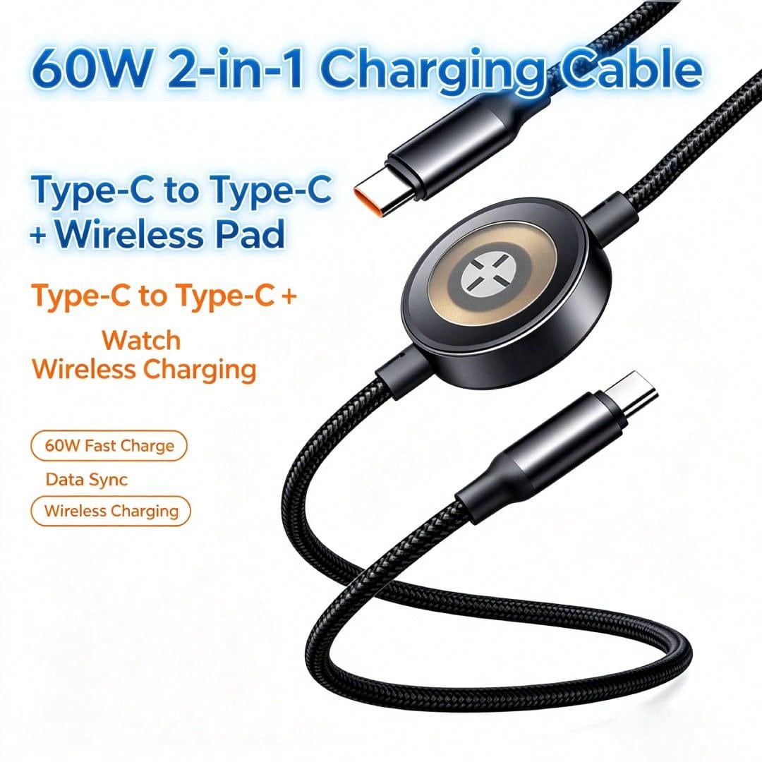2-In-1 Braided Multi-Charging Cable, Type-C Fast Charging Cable With Built-In Magnetic Watch Charger, Compatible With IPhone 15-17 And Galaxy S21 To S26 Phones