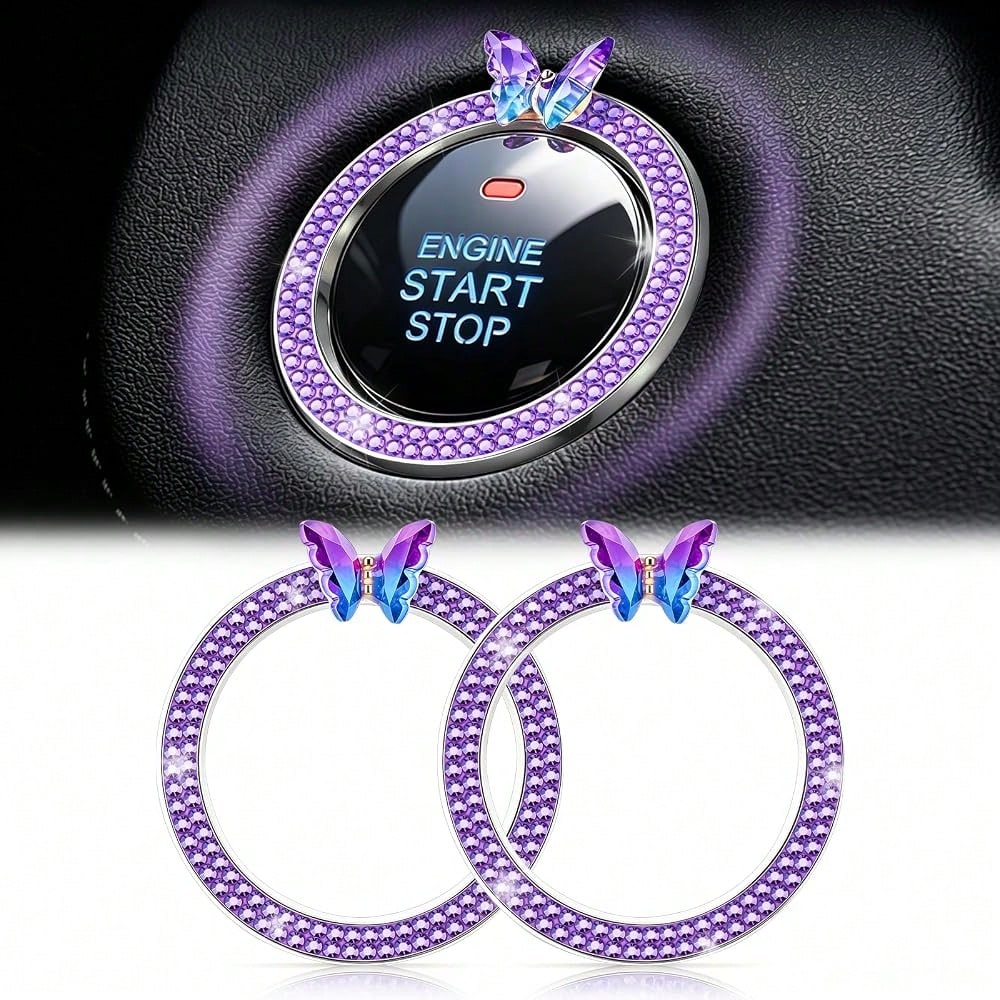 2 PCS Crystal Bling Butterfly With Double Rhinestone Car Engine Start Stop Decoration Ring, Car Interior Accessories For Women, Push To