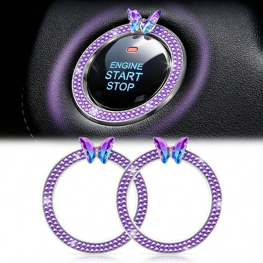 2 PCS Crystal Bling Butterfly With Double Rhinestone Car Engine Start Stop Decoration Ring, Car Interior Accessories For Women, Push To