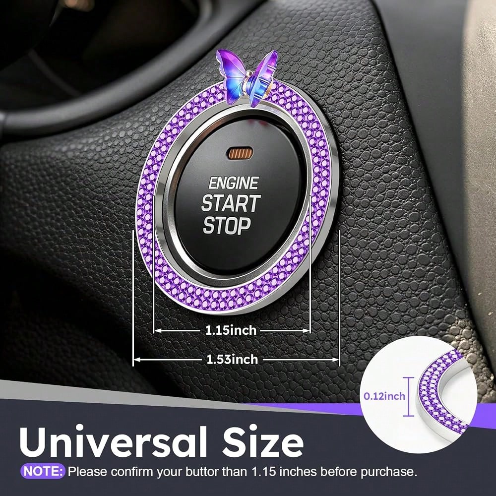 2 PCS Crystal Bling Butterfly With Double Rhinestone Car Engine Start Stop Decoration Ring, Car Interior Accessories For Women, Push To