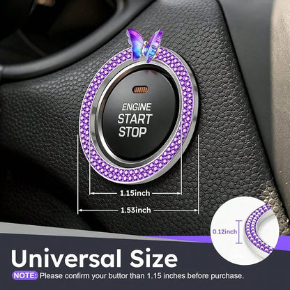 2 PCS Crystal Bling Butterfly With Double Rhinestone Car Engine Start Stop Decoration Ring, Car Interior Accessories For Women, Push To