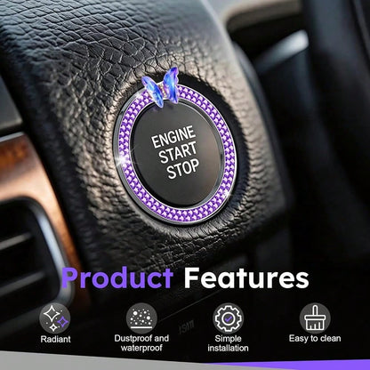 2 PCS Crystal Bling Butterfly With Double Rhinestone Car Engine Start Stop Decoration Ring, Car Interior Accessories For Women, Push To
