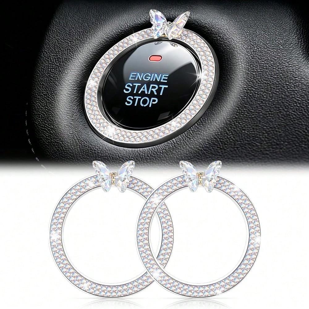 2 PCS Crystal Bling Butterfly With Double Rhinestone Car Engine Start Stop Decoration Ring, Car Interior Accessories For Women, Push To
