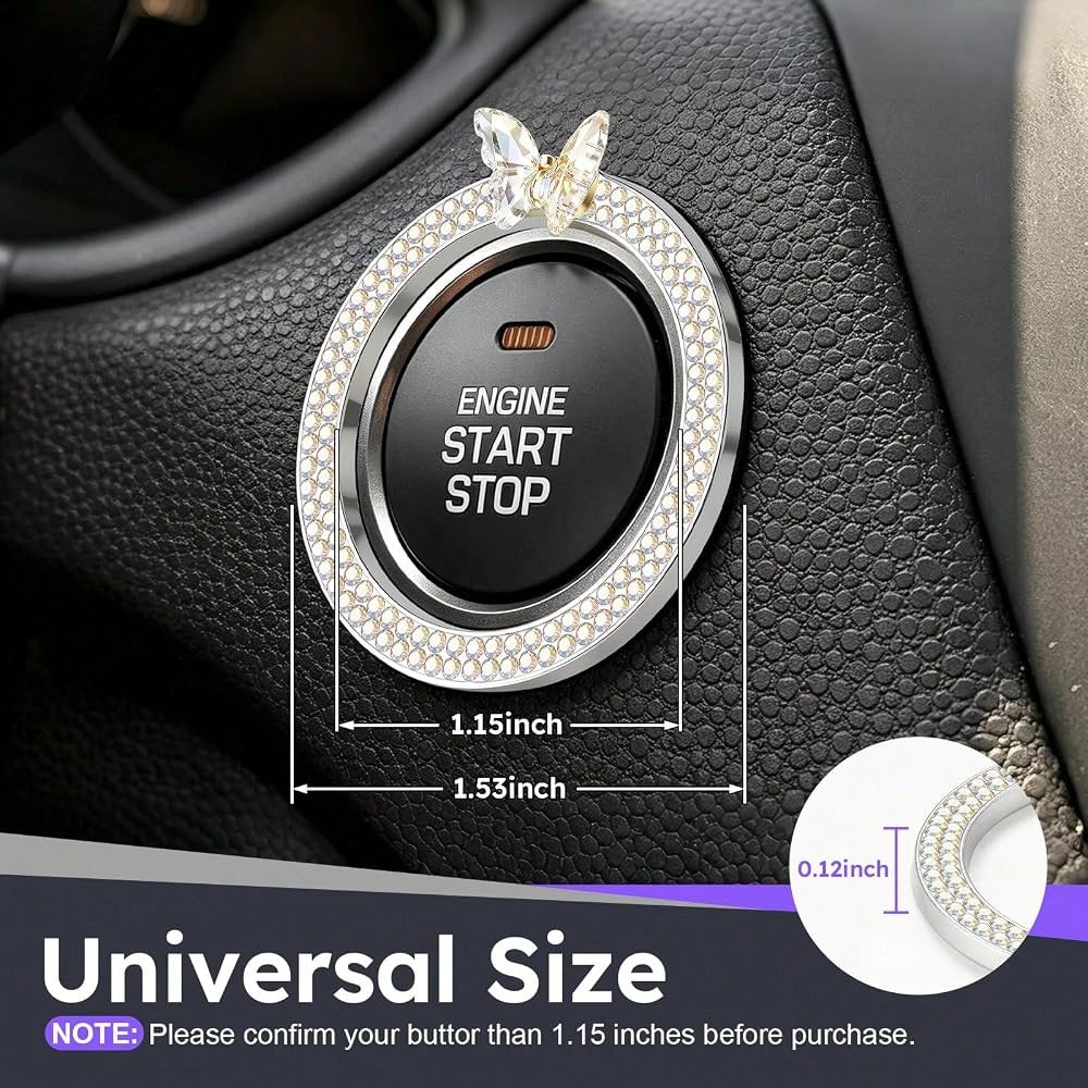 2 PCS Crystal Bling Butterfly With Double Rhinestone Car Engine Start Stop Decoration Ring, Car Interior Accessories For Women, Push To