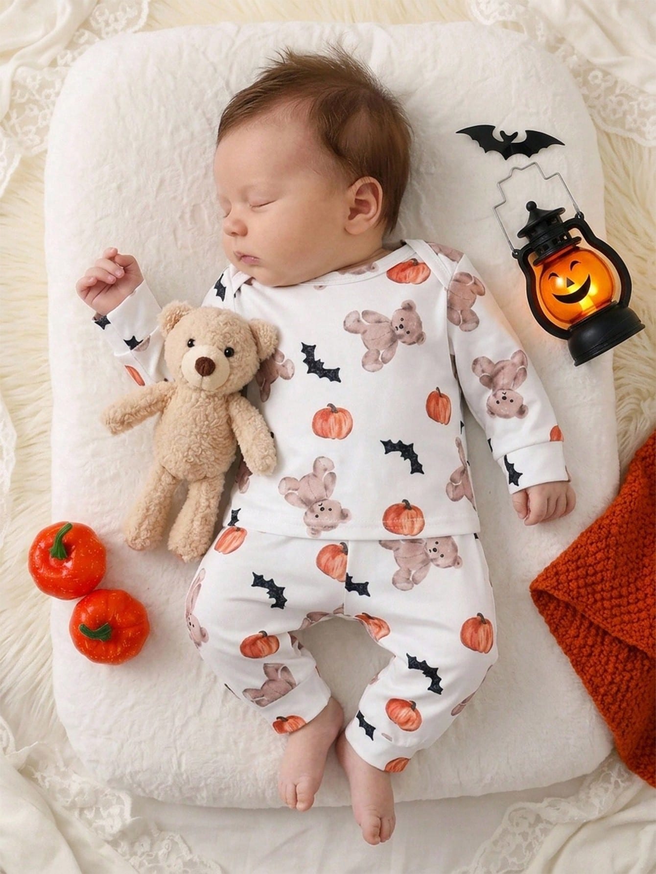 2 Pieces Newborn Long Sleeve Pants Cute Bear Pumpkin All-Over Print, Knitted Comfortable Loungewear, Best Gift For Newborns, Home Wear, Versatile Fashion, Best Choice