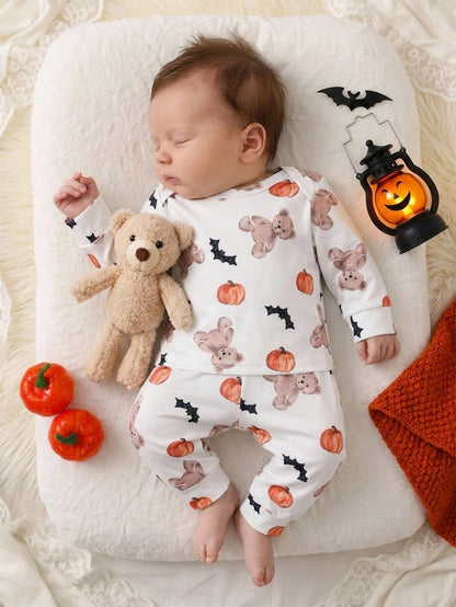 2 Pieces Newborn Long Sleeve Pants Cute Bear Pumpkin All-Over Print, Knitted Comfortable Loungewear, Best Gift For Newborns, Home Wear, Versatile Fashion, Best Choice