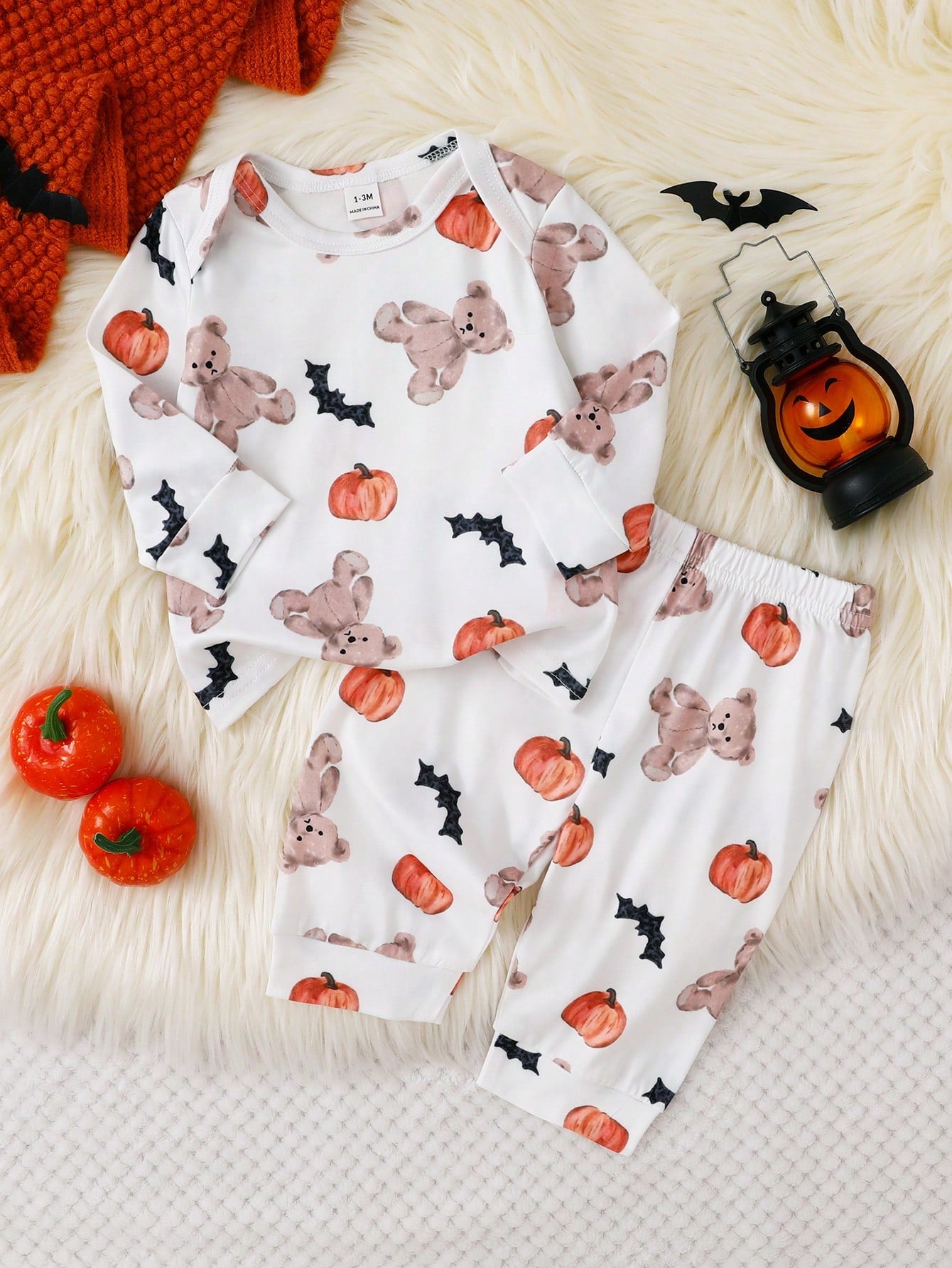 2 Pieces Newborn Long Sleeve Pants Cute Bear Pumpkin All-Over Print, Knitted Comfortable Loungewear, Best Gift For Newborns, Home Wear, Versatile Fashion, Best Choice