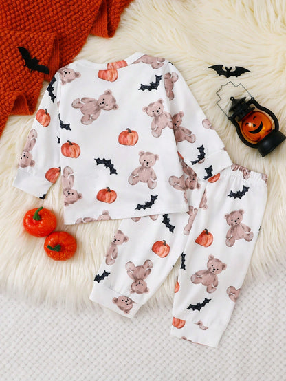 2 Pieces Newborn Long Sleeve Pants Cute Bear Pumpkin All-Over Print, Knitted Comfortable Loungewear, Best Gift For Newborns, Home Wear, Versatile Fashion, Best Choice