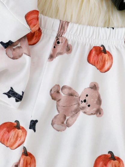 2 Pieces Newborn Long Sleeve Pants Cute Bear Pumpkin All-Over Print, Knitted Comfortable Loungewear, Best Gift For Newborns, Home Wear, Versatile Fashion, Best Choice