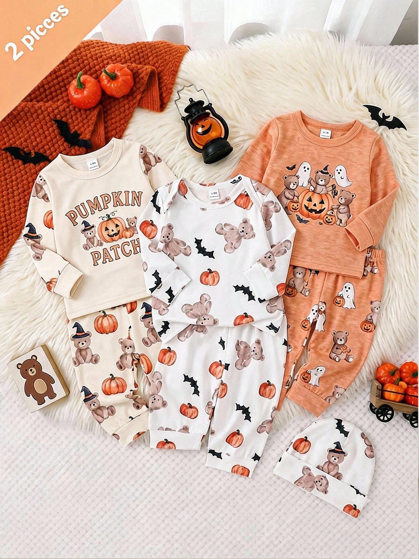 2 Pieces Newborn Long Sleeve Pants Cute Bear Pumpkin All-Over Print, Knitted Comfortable Loungewear, Best Gift For Newborns, Home Wear, Versatile Fashion, Best Choice