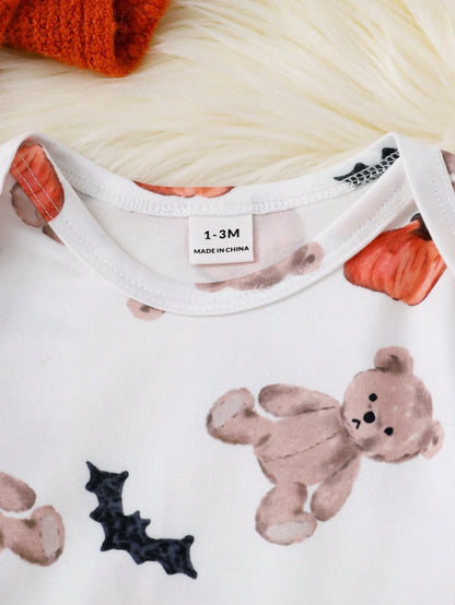 2 Pieces Newborn Long Sleeve Pants Cute Bear Pumpkin All-Over Print, Knitted Comfortable Loungewear, Best Gift For Newborns, Home Wear, Versatile Fashion, Best Choice