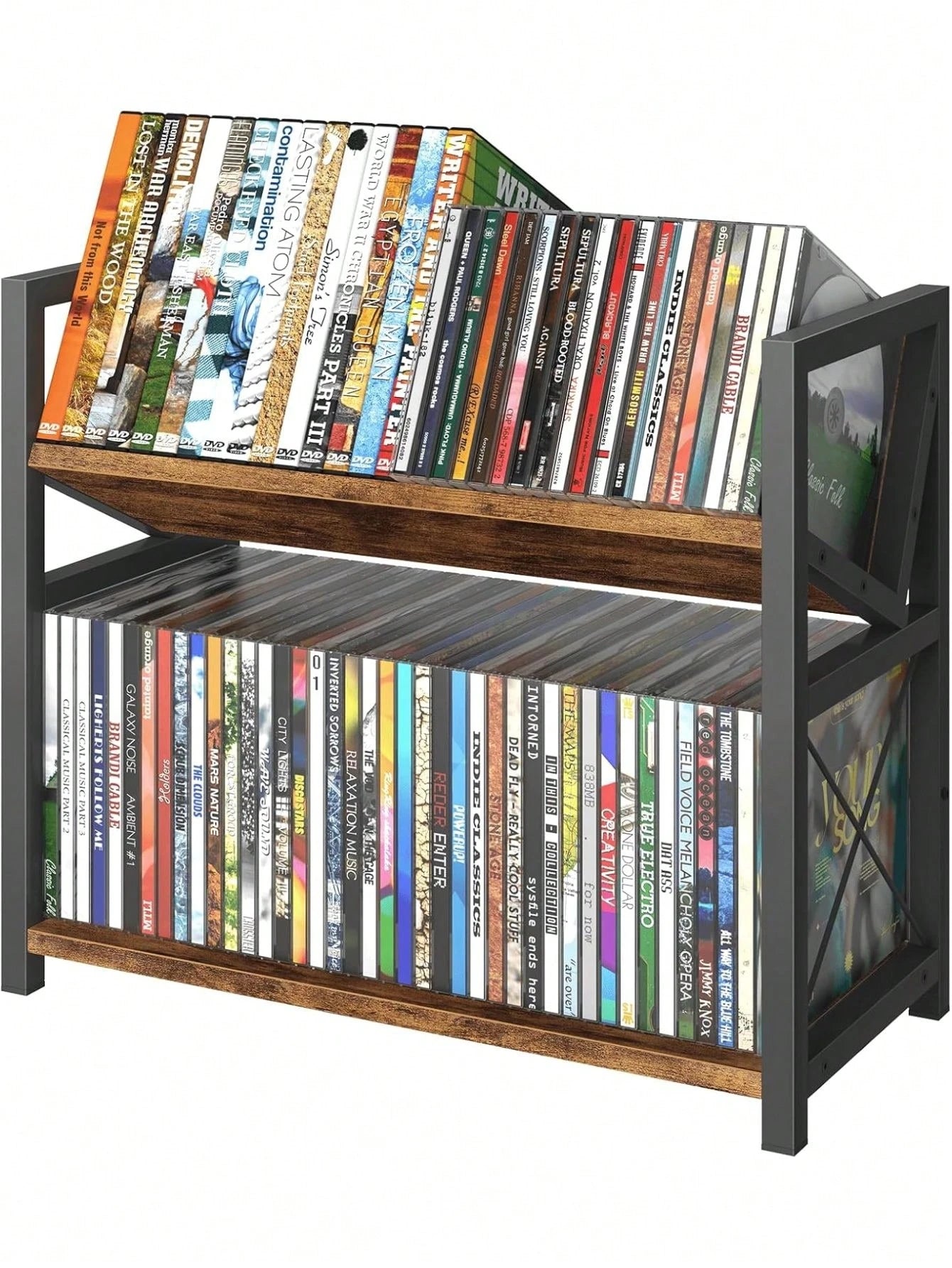 2-Tier CD Holder, Wooden DVD Storage Rack Display, Tilting CD Shelf Holds Up To Standard CDs 80 Cases Or DVDs 56 Cases, Retro Desk DVD Organizer Tower Music Enthusiasts, Rustic Brown