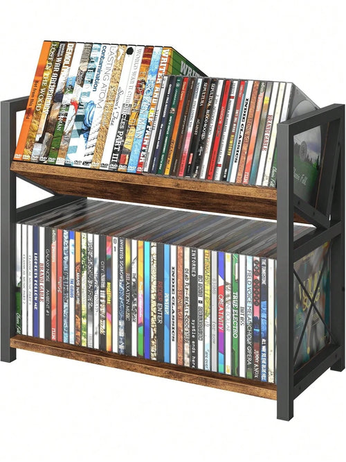 2-Tier CD Holder, Wooden DVD Storage Rack Display, Tilting CD Shelf Holds Up To Standard CDs 80 Cases Or DVDs 56 Cases, Retro Desk DVD Organizer Tower Music Enthusiasts, Rustic Brown
