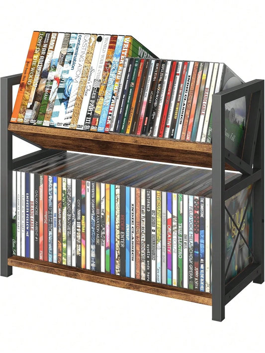 2-Tier CD Holder, Wooden DVD Storage Rack Display, Tilting CD Shelf Holds Up To Standard CDs 80 Cases Or DVDs 56 Cases, Retro Desk DVD Organizer Tower Music Enthusiasts, Rustic Brown