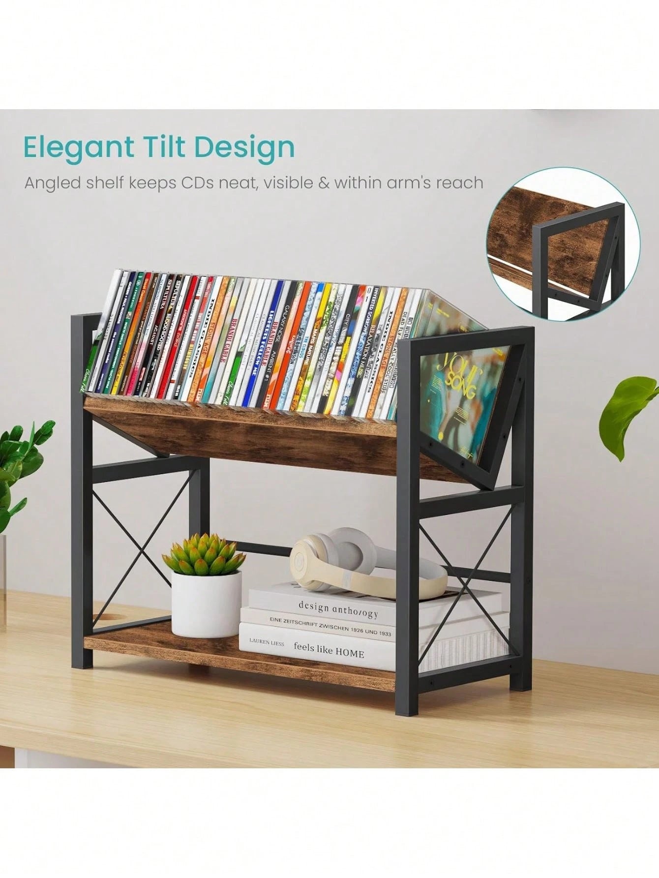 2-Tier CD Holder, Wooden DVD Storage Rack Display, Tilting CD Shelf Holds Up To Standard CDs 80 Cases Or DVDs 56 Cases, Retro Desk DVD Organizer Tower Music Enthusiasts, Rustic Brown