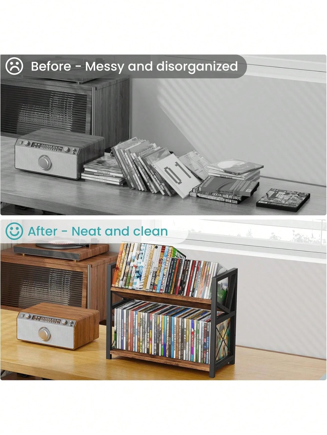 2-Tier CD Holder, Wooden DVD Storage Rack Display, Tilting CD Shelf Holds Up To Standard CDs 80 Cases Or DVDs 56 Cases, Retro Desk DVD Organizer Tower Music Enthusiasts, Rustic Brown
