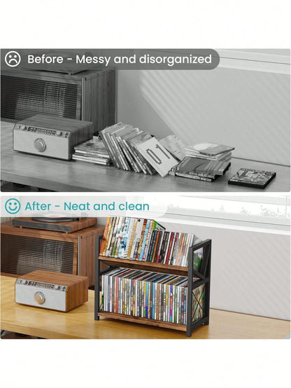2-Tier CD Holder, Wooden DVD Storage Rack Display, Tilting CD Shelf Holds Up To Standard CDs 80 Cases Or DVDs 56 Cases, Retro Desk DVD Organizer Tower Music Enthusiasts, Rustic Brown