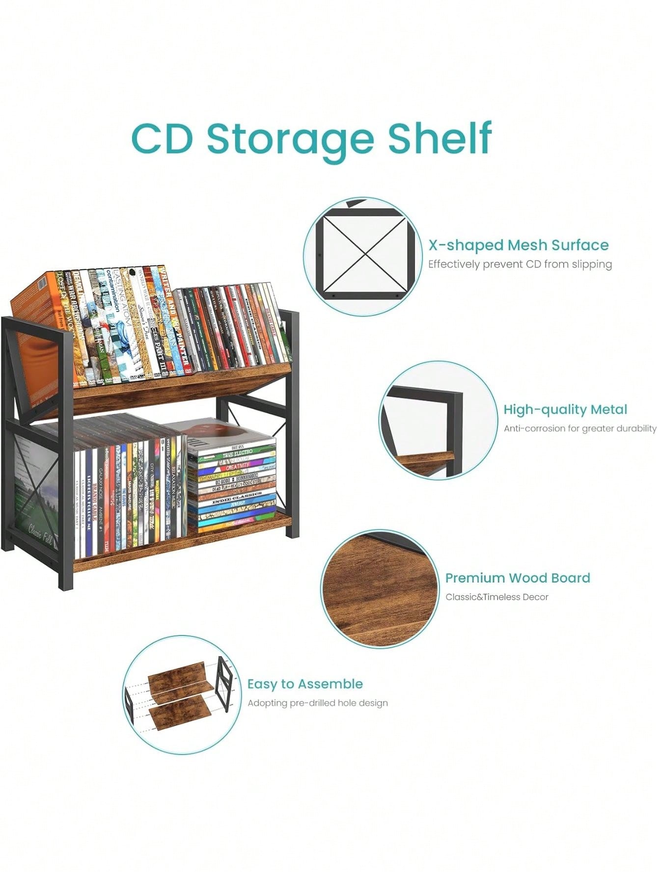 2-Tier CD Holder, Wooden DVD Storage Rack Display, Tilting CD Shelf Holds Up To Standard CDs 80 Cases Or DVDs 56 Cases, Retro Desk DVD Organizer Tower Music Enthusiasts, Rustic Brown