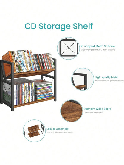 2-Tier CD Holder, Wooden DVD Storage Rack Display, Tilting CD Shelf Holds Up To Standard CDs 80 Cases Or DVDs 56 Cases, Retro Desk DVD Organizer Tower Music Enthusiasts, Rustic Brown