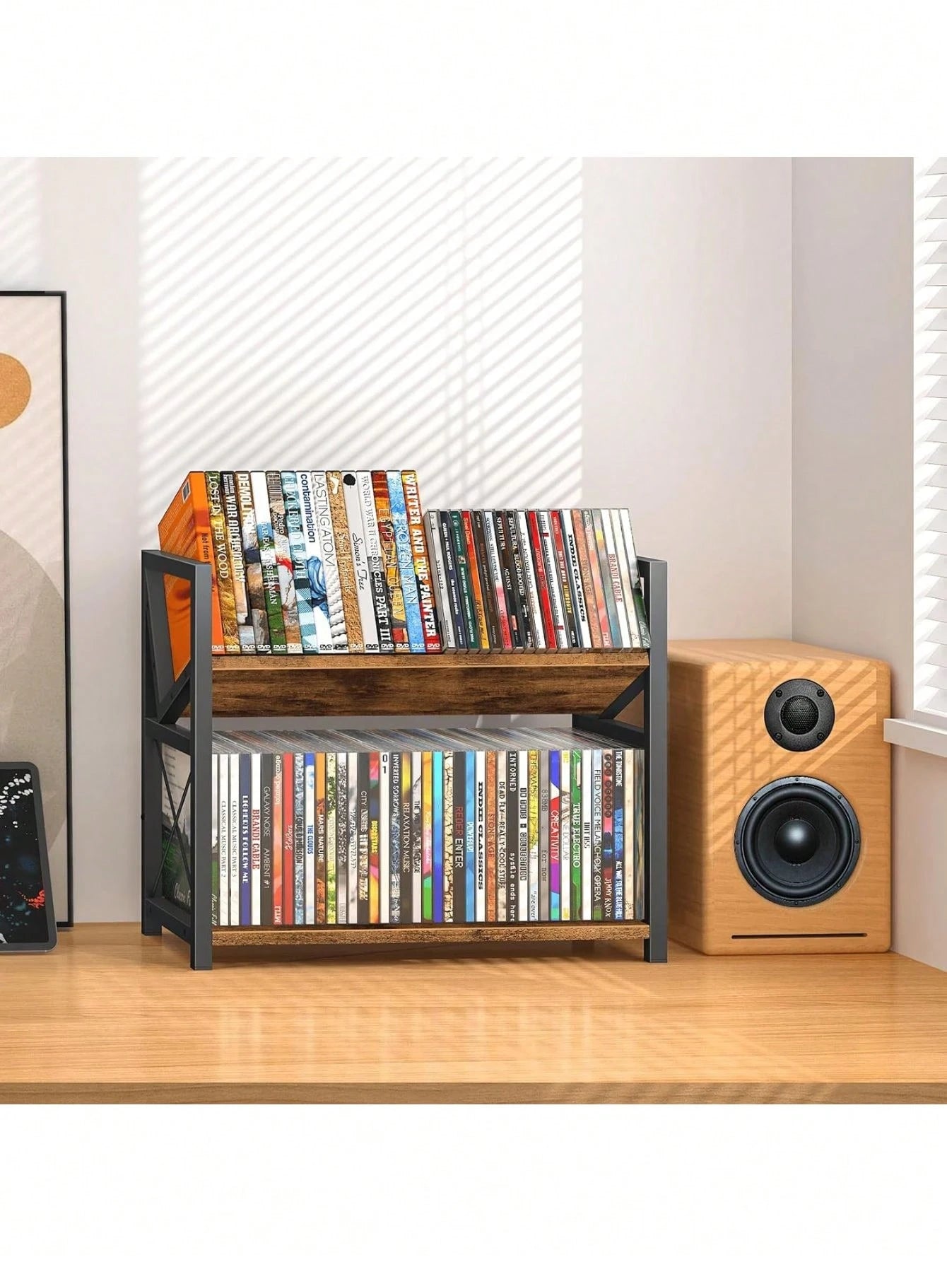 2-Tier CD Holder, Wooden DVD Storage Rack Display, Tilting CD Shelf Holds Up To Standard CDs 80 Cases Or DVDs 56 Cases, Retro Desk DVD Organizer Tower Music Enthusiasts, Rustic Brown
