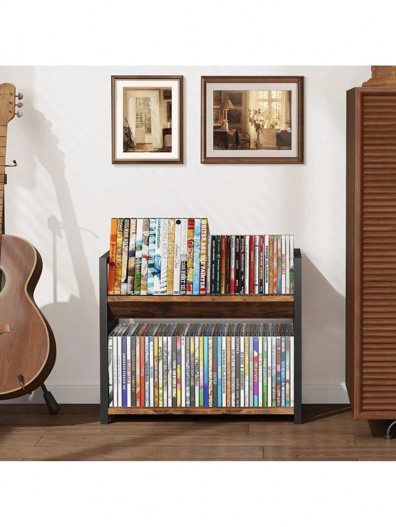 2-Tier CD Holder, Wooden DVD Storage Rack Display, Tilting CD Shelf Holds Up To Standard CDs 80 Cases Or DVDs 56 Cases, Retro Desk DVD Organizer Tower Music Enthusiasts, Rustic Brown