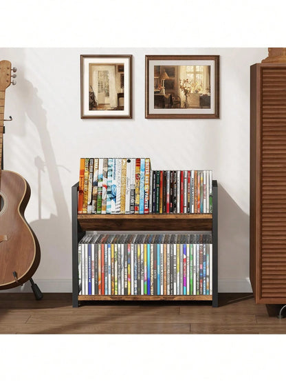 2-Tier CD Holder, Wooden DVD Storage Rack Display, Tilting CD Shelf Holds Up To Standard CDs 80 Cases Or DVDs 56 Cases, Retro Desk DVD Organizer Tower Music Enthusiasts, Rustic Brown