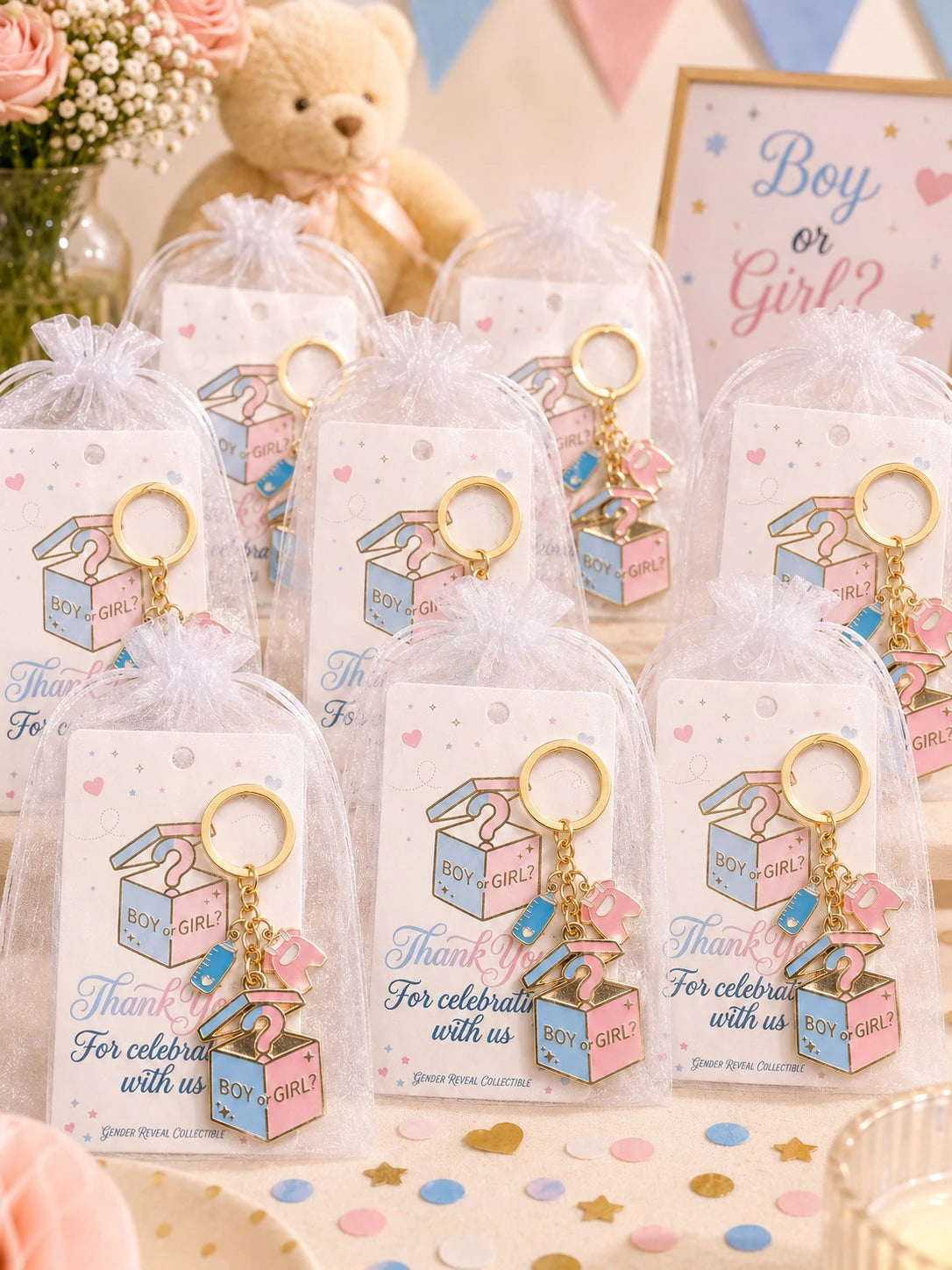 20 Sets Gender Reveal Party Favor Set, Boy/Girl Question Mark Box Baby Theme Keychain With Thank You Card And White Drawstring Gauze Bag, Suitable For Baby Shower, Expectant Mother Gathering, Gender R
