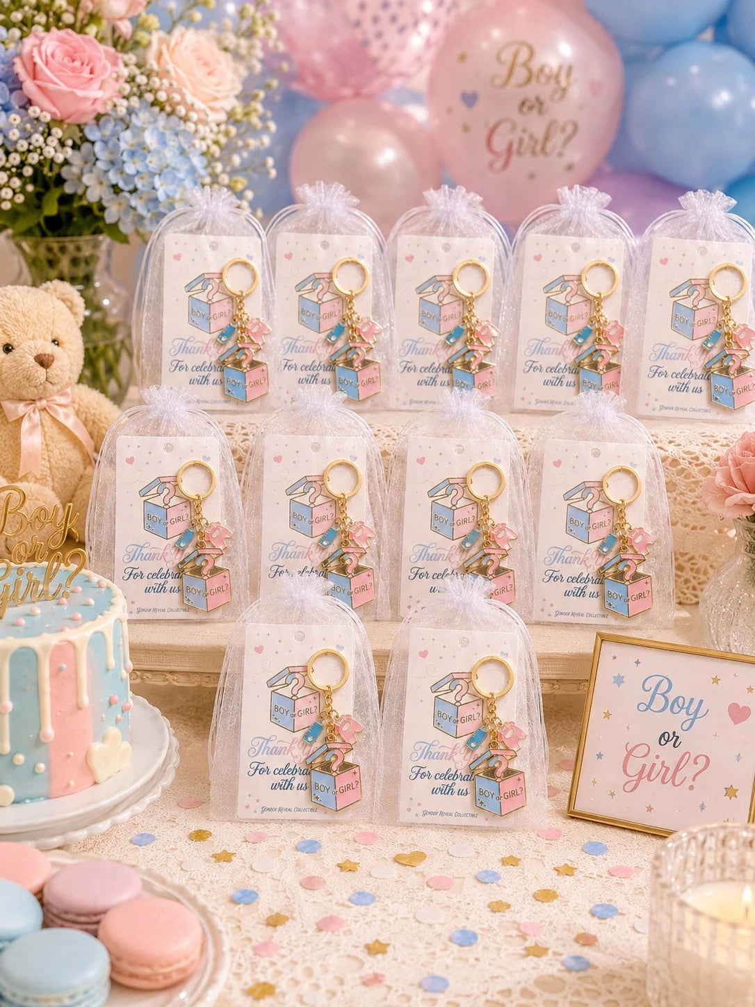20 Sets Gender Reveal Party Favor Set, Boy/Girl Question Mark Box Baby Theme Keychain With Thank You Card And White Drawstring Gauze Bag, Suitable For Baby Shower, Expectant Mother Gathering, Gender R