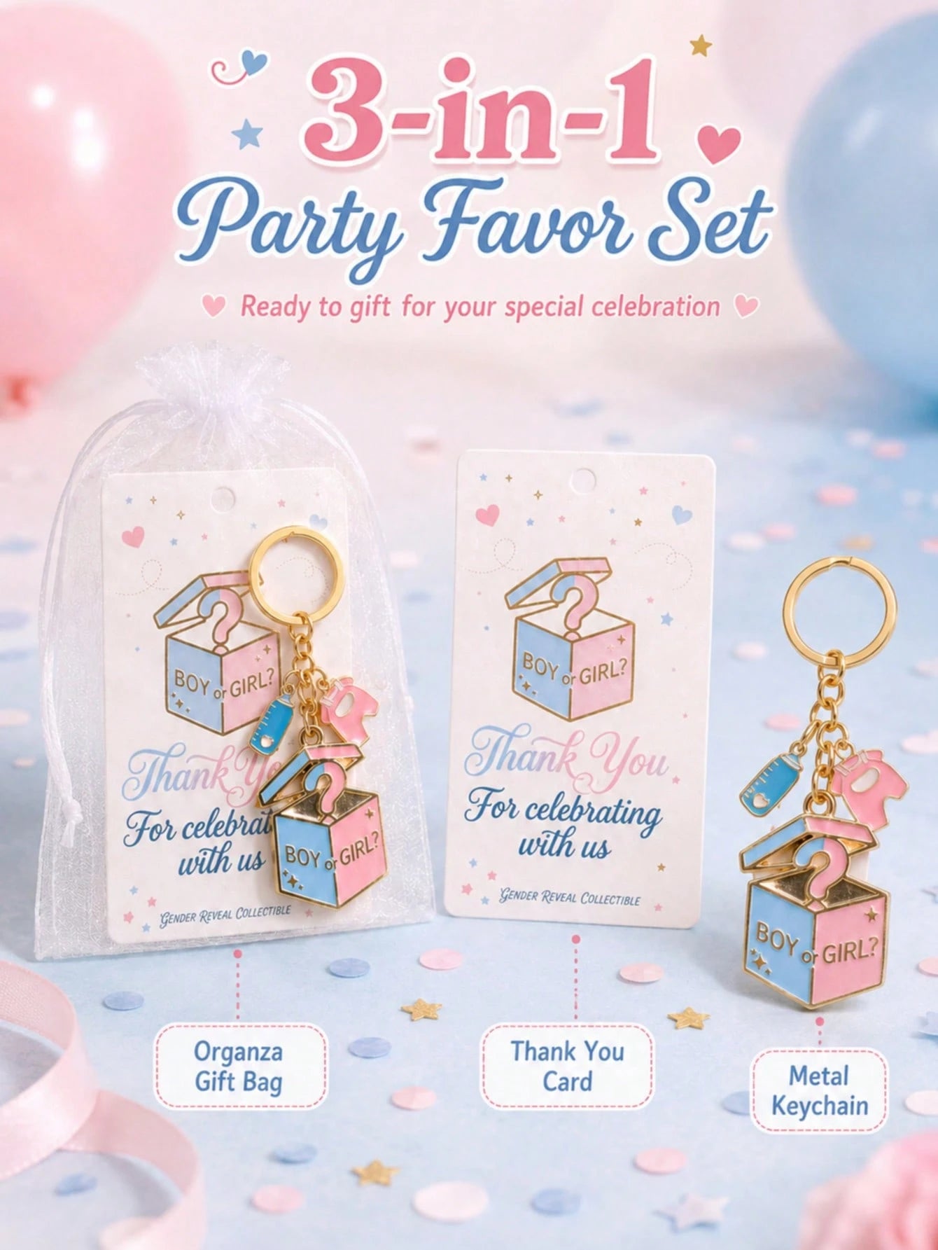 20 Sets Gender Reveal Party Favor Set, Boy/Girl Question Mark Box Baby Theme Keychain With Thank You Card And White Drawstring Gauze Bag, Suitable For Baby Shower, Expectant Mother Gathering, Gender R