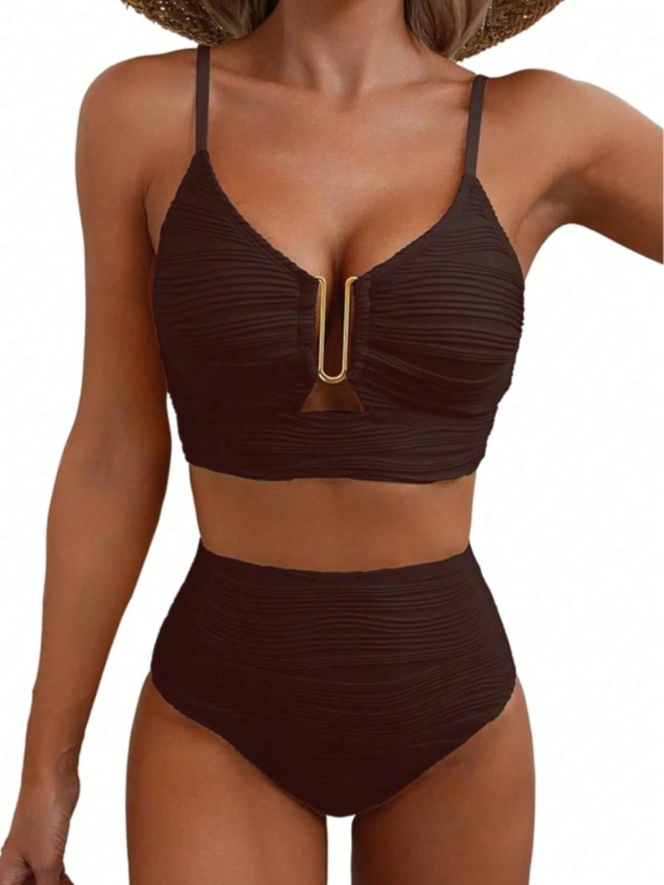 2025 Summer Beach Vacation Solid Color Ruffle Textured Hollow Out Ring Women's Swimwear Bikini Set, Separates Swimwear