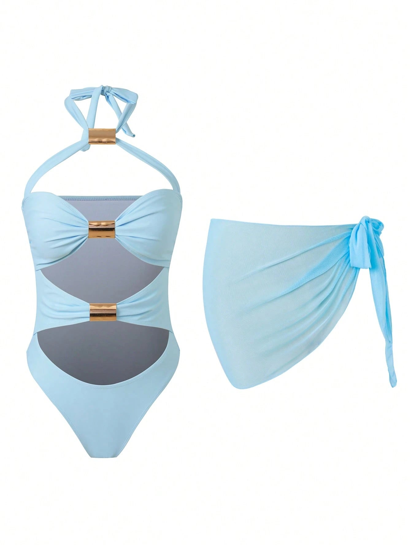 2026 European And American Cross-Border Hot Selling Solid Color Hollow Sexy Halter Tie Swimwear With Mesh Sheer Fabric, Slimming Two-Piece Swimwear Bikini For Beach & Spa Vacation Summer
