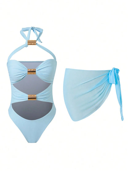 2026 European And American Cross-Border Hot Selling Solid Color Hollow Sexy Halter Tie Swimwear With Mesh Sheer Fabric, Slimming Two-Piece Swimwear Bikini For Beach & Spa Vacation Summer
