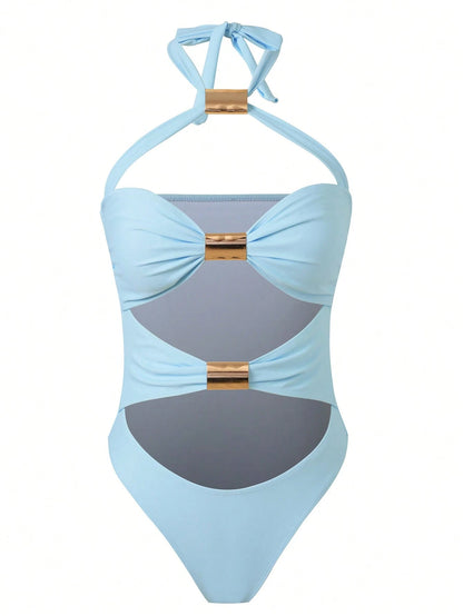 2026 European And American Cross-Border Hot Selling Solid Color Hollow Sexy Halter Tie Swimwear With Mesh Sheer Fabric, Slimming Two-Piece Swimwear Bikini For Beach & Spa Vacation Summer